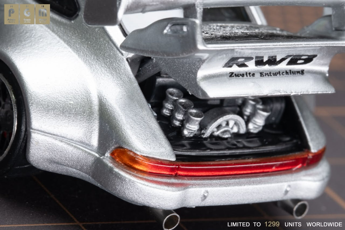 Lot57Supplies Diecast Shop PGM RWB930 Silver Deluxe 1:64 scale diecast model car rear engine detail