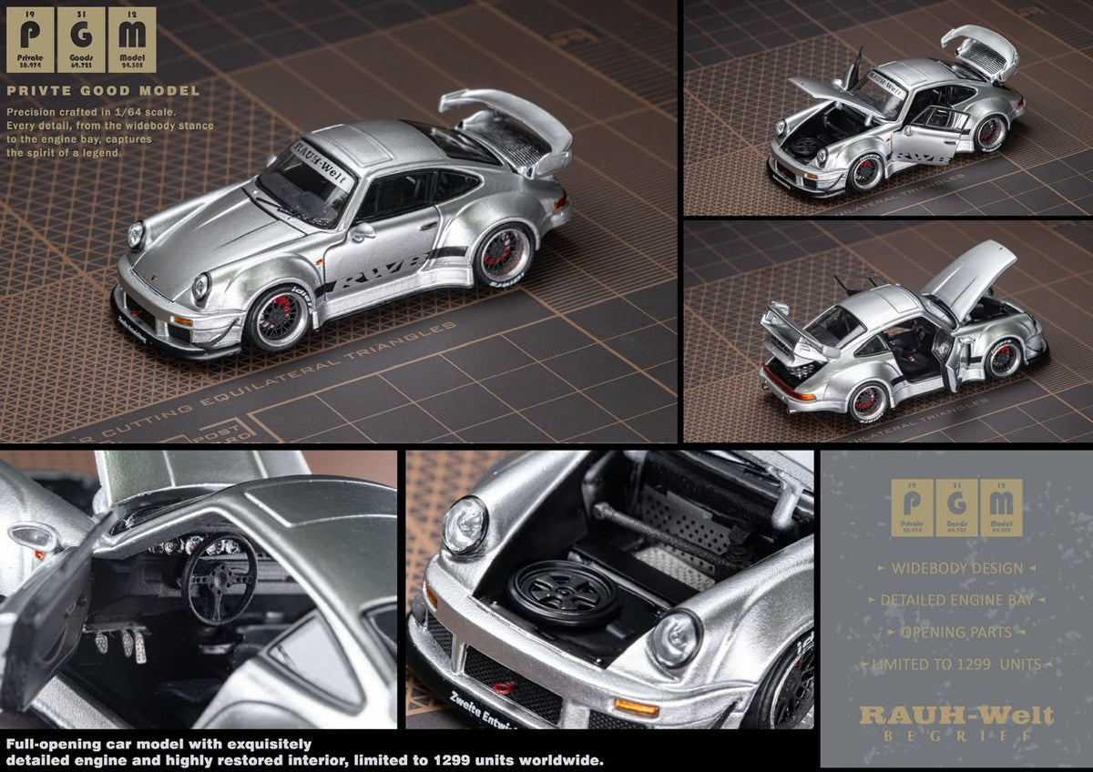 Lot57Supplies Diecast Shop PGM RWB930 silver diecast model car in 1:64 scale with opening parts and detailed interior