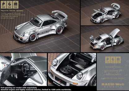 Lot57Supplies Diecast Shop PGM RWB930 silver diecast model car in 1:64 scale with opening parts and detailed interior