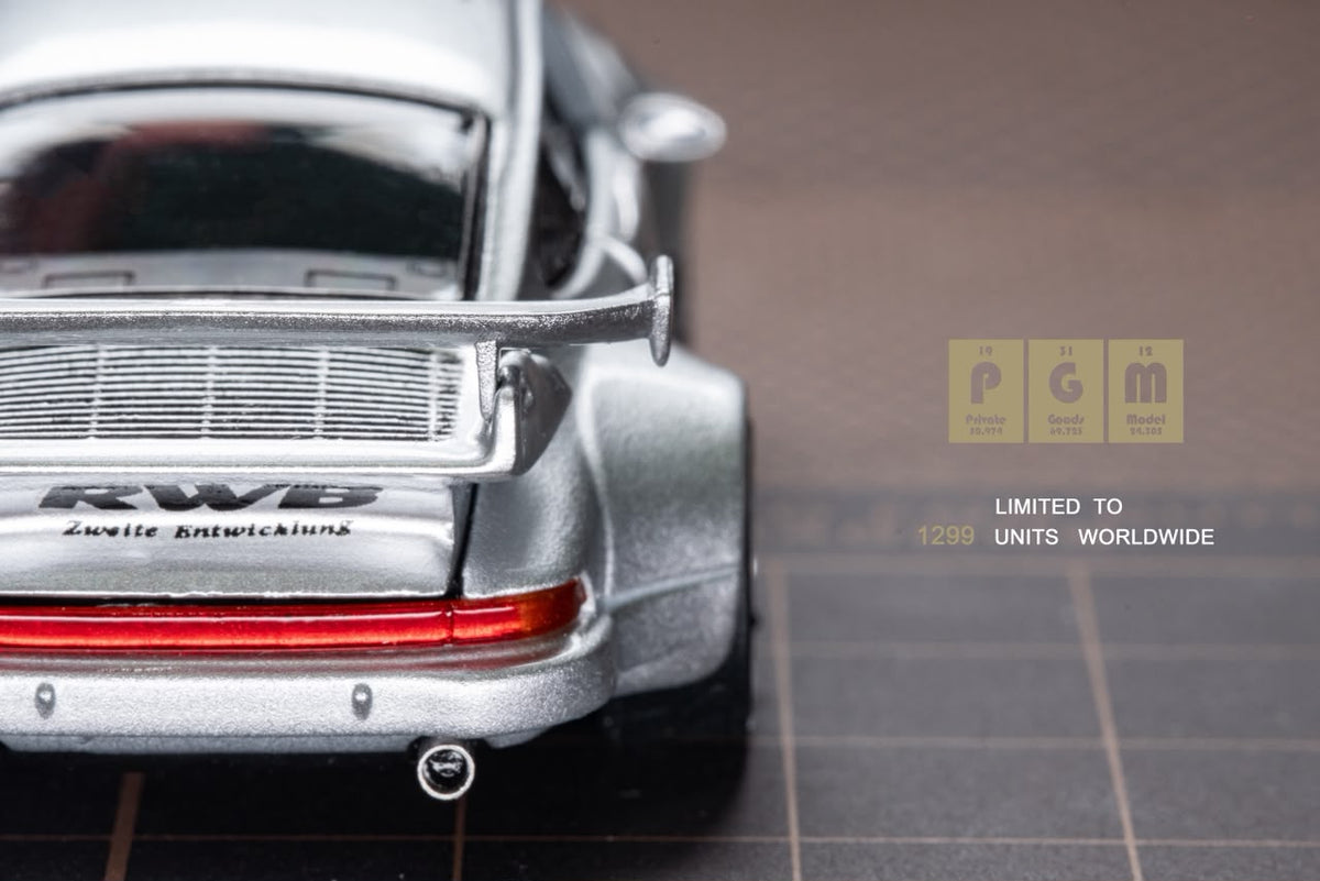 Lot57Supplies Diecast Shop PGM RWB930 silver diecast model car rear view with wide body kit and spoiler