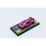 Lot57Supplies Diecast Shop 1:64 scale pink Audi R8 LMS GT3 EVO II diecast model car on a display base