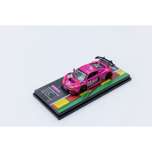 Lot57Supplies Diecast Shop 1:64 scale pink Audi R8 LMS GT3 EVO II diecast model car on a display base