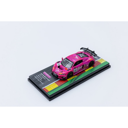 Lot57Supplies Diecast Shop 1:64 scale pink Audi R8 LMS GT3 EVO II diecast model car on a display base
