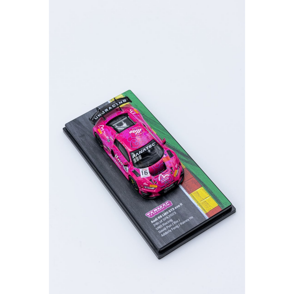 Lot57Supplies Diecast Shop 1:64 scale pink Audi R8 LMS GT3 EVO II diecast model car on a display base