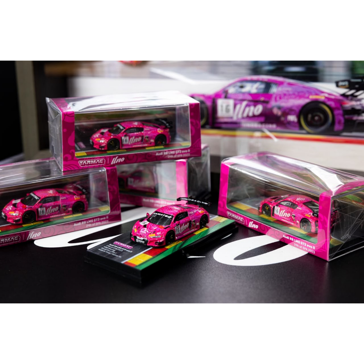 Lot57Supplies Diecast Shop 1:64 scale pink Audi R8 LMS GT3 EVO II diecast model cars in display boxes