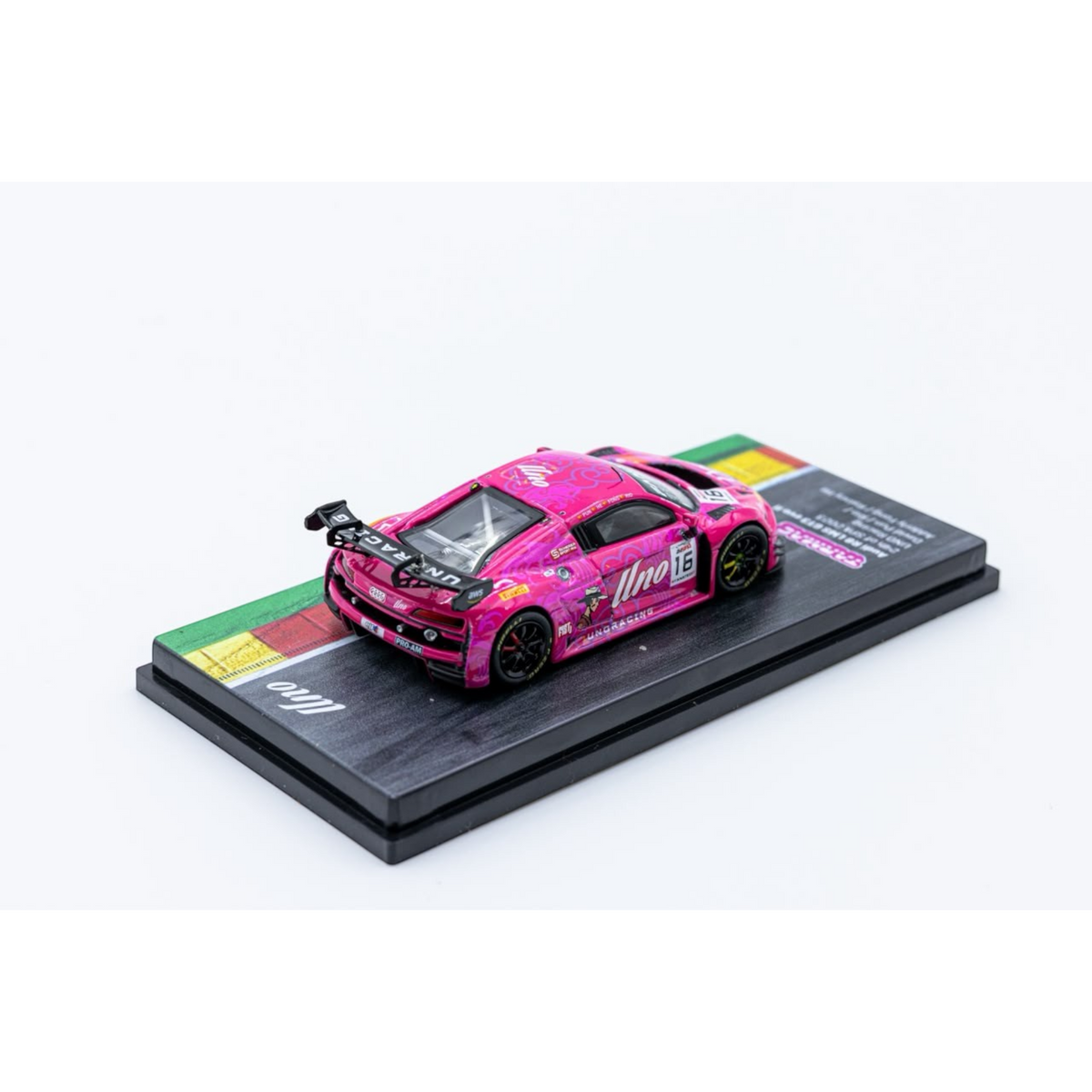 Lot57Supplies Diecast Shop 1:64 scale pink Audi R8 LMS GT3 EVO II diecast race car on a display base