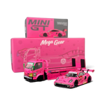 Lot57Supplies Diecast Shop 1:64 scale pink Hino 300 Dino hauler and Porsche 911 GT3 R ROXY race car set