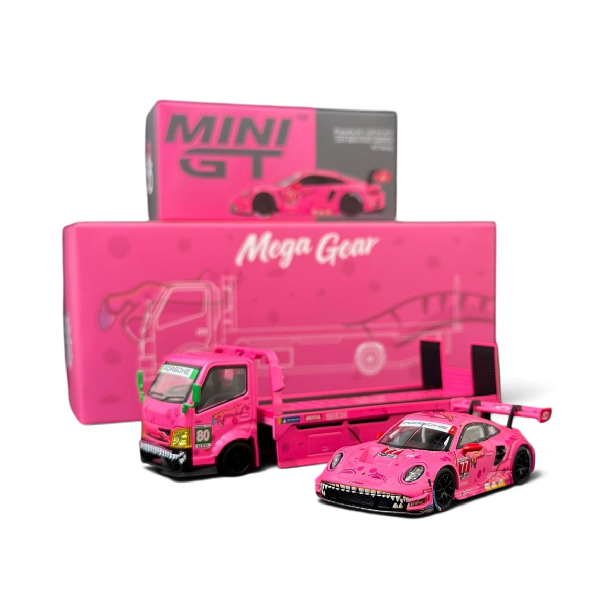 Lot57Supplies Diecast Shop 1:64 scale pink Hino 300 Dino hauler and Porsche 911 GT3 R ROXY race car set