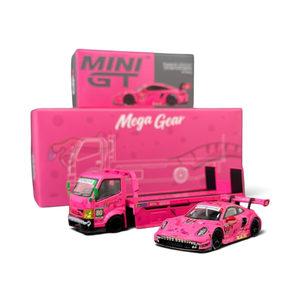 Lot57Supplies Diecast Shop 1:64 scale pink Hino 300 Dino hauler and Porsche 911 GT3 R ROXY race car set