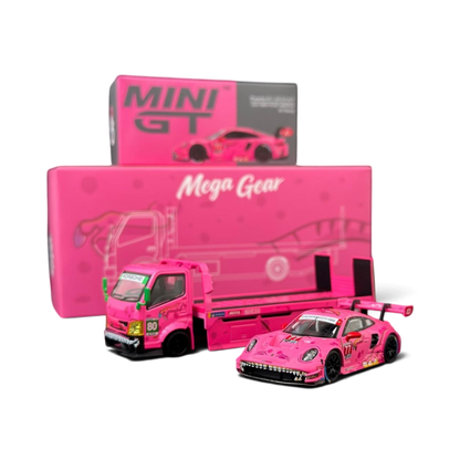 Lot57Supplies Diecast Shop 1:64 scale pink Hino 300 Dino hauler and Porsche 911 GT3 R ROXY race car set