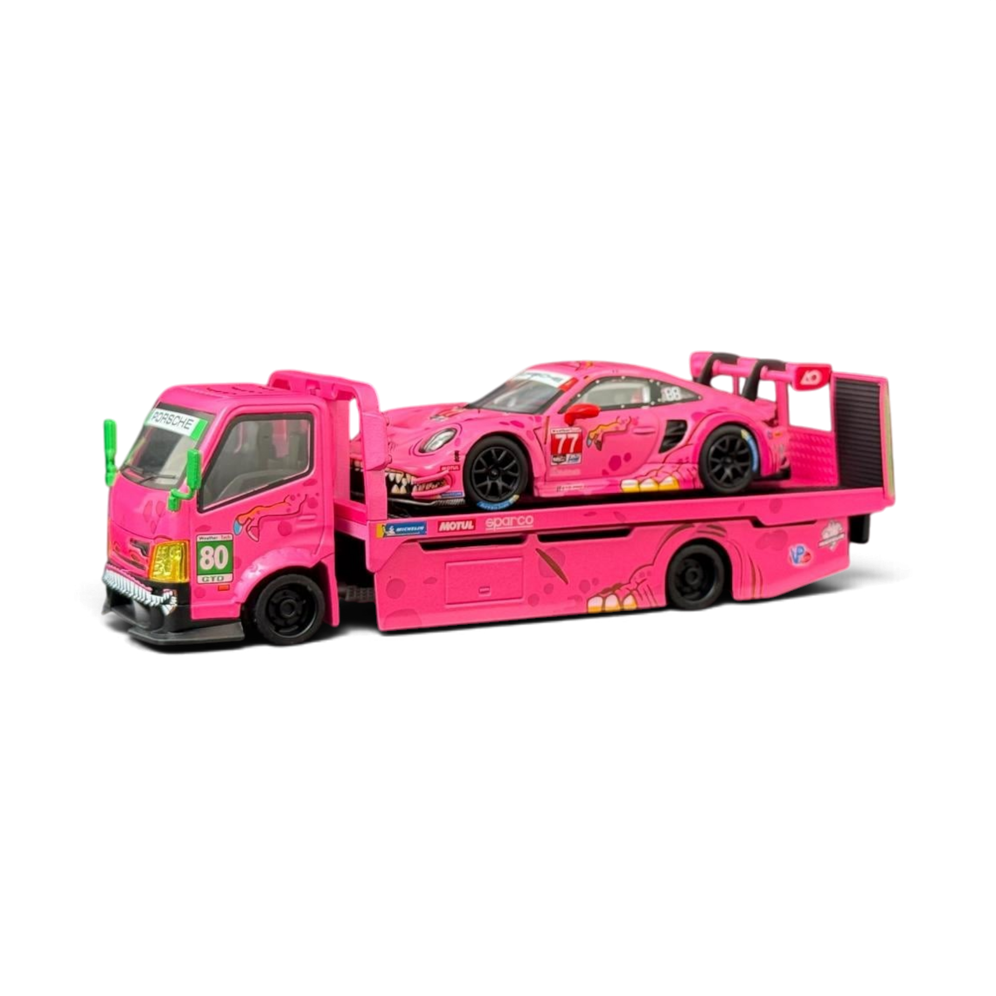 Lot57Supplies Diecast Shop 1:64 scale pink Hino 300 Dino hauler truck carrying a Mini GT Porsche 911 GT3 R ROXY car