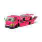 Lot57Supplies Diecast Shop 1:64 scale pink Hino 300 dino hauler truck carrying a matching pink Porsche 911 GT3 R car.