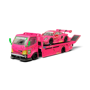 Lot57Supplies Diecast Shop 1:64 scale pink Hino 300 dino hauler truck carrying a matching pink Porsche 911 GT3 R car.