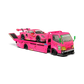 Lot57Supplies Diecast Shop 1:64 scale pink Hino 300 Dino hauler truck carrying a Porsche 911 GT3 R ROXY race car.