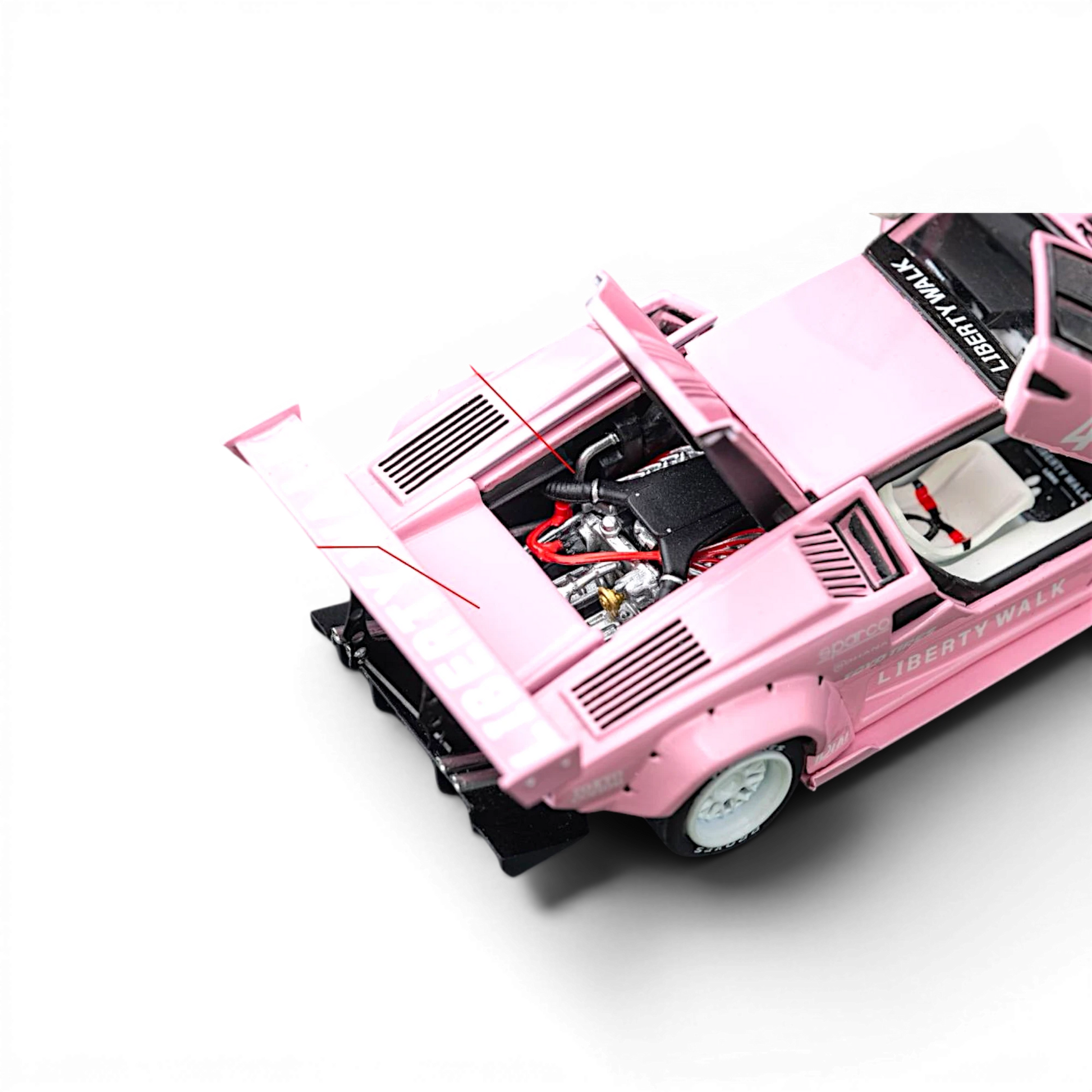Lot57Supplies Diecast Shop TOPART LBWK Countach 1:64 scale model in Lover's Pink with open engine bay and interior