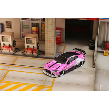 Lot57Supplies Diecast Shop 1:64 scale SW G82 M4 diecast car featuring a vibrant pink and black racing livery