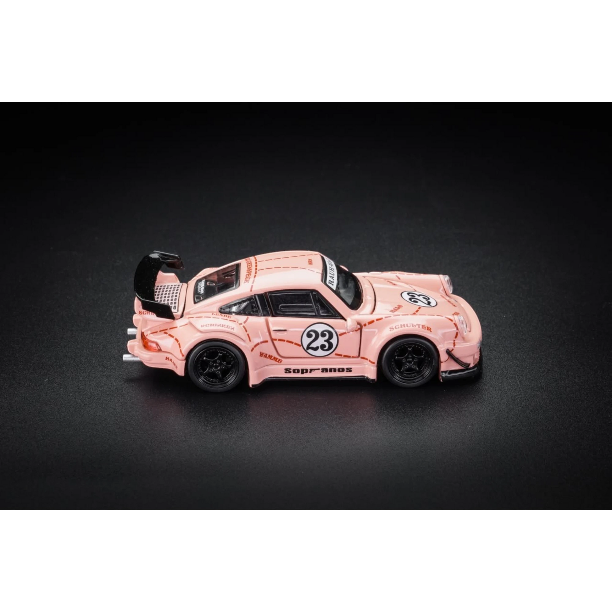 Lot57Supplies Diecast Shop 1:64 scale pink Porsche RWB 930 Pink Pig diecast model car with black racing wheels