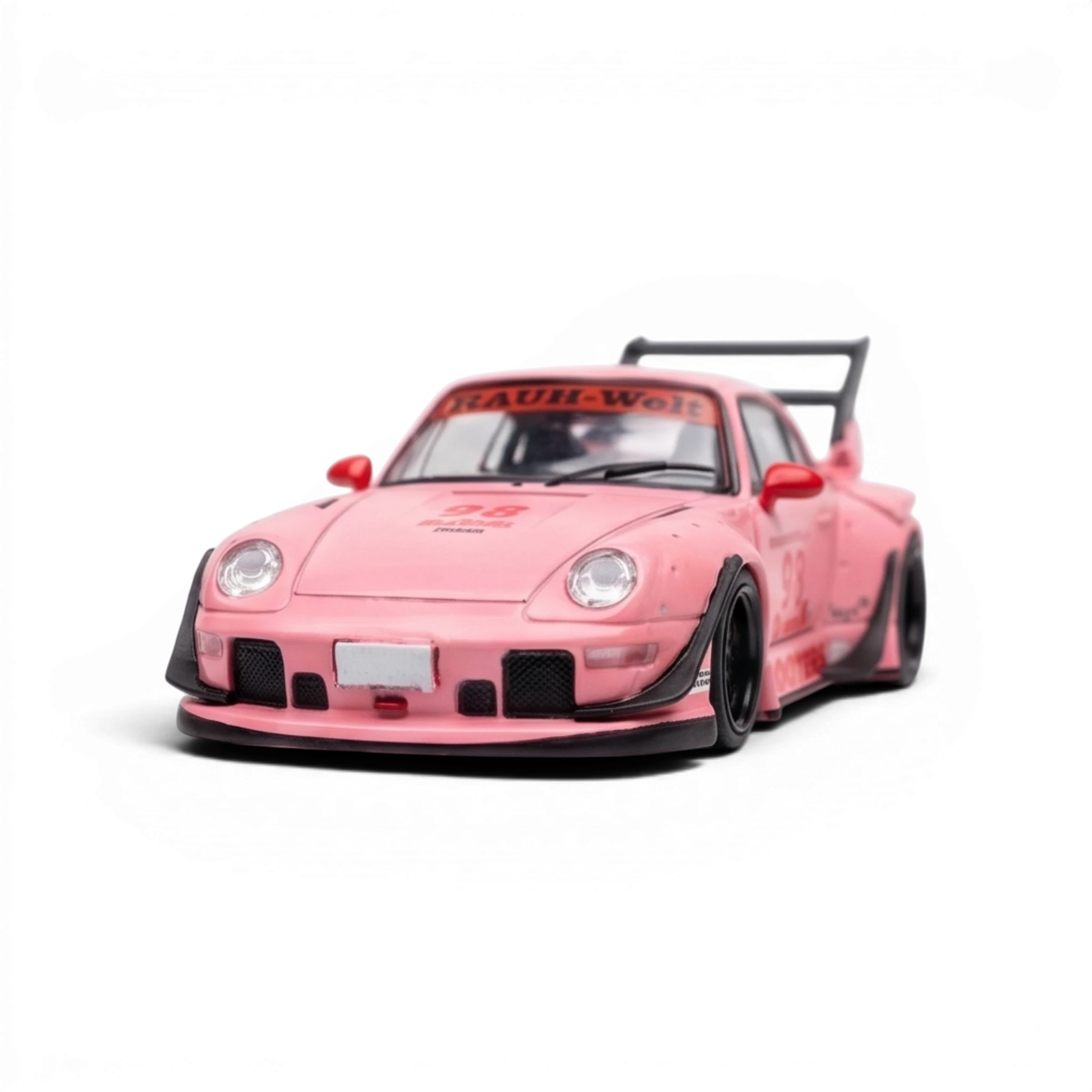 Lot57Supplies Diecast Shop pink 1:64 scale SW RWB 993 diecast model car with wide body kit and rear spoiler.