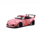 Lot57Supplies Diecast Shop pink RWB 993 1:64 scale diecast model car with racing decals and a large rear spoiler.