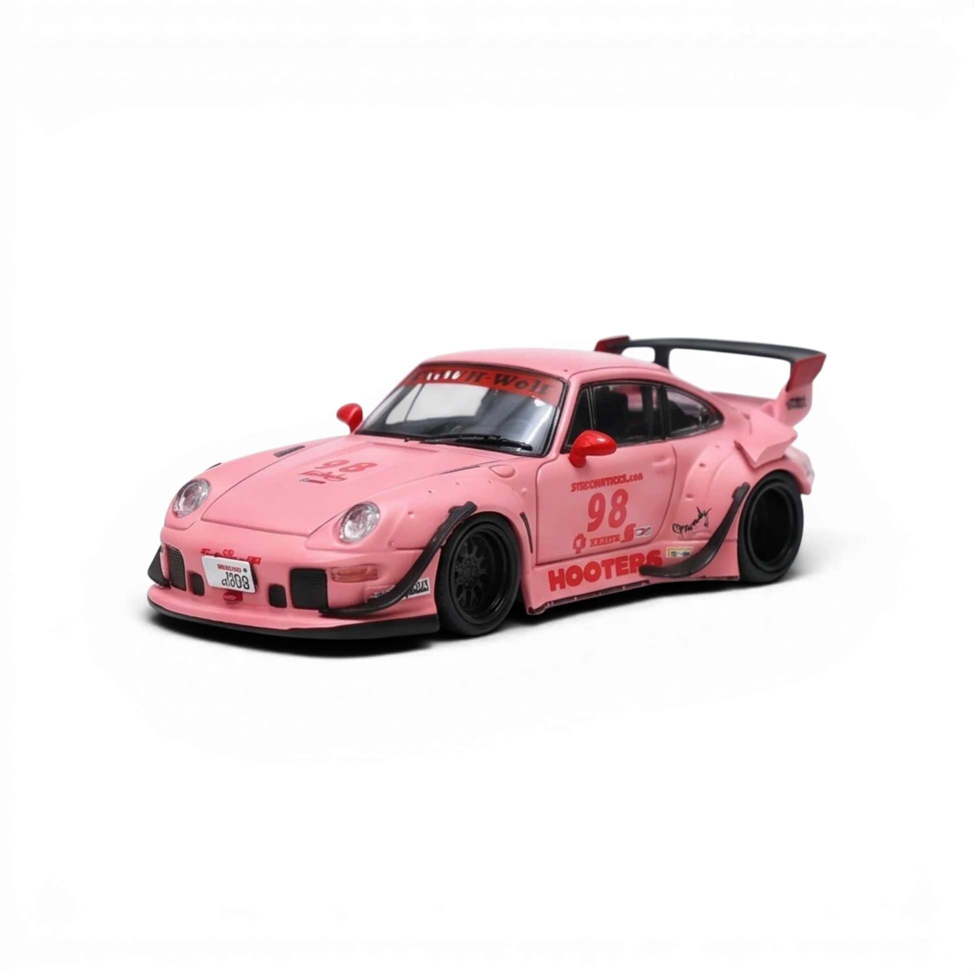 Lot57Supplies Diecast Shop pink RWB 993 1:64 scale diecast model car with racing decals and a large rear spoiler.