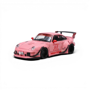 Lot57Supplies Diecast Shop pink RWB 993 1:64 scale diecast model car with racing decals and a large rear spoiler.