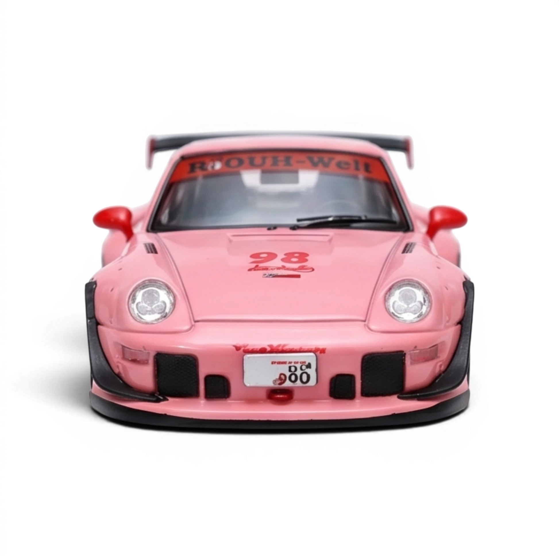 Lot57Supplies Diecast Shop pink RWB 993 1:64 scale diecast model car with racing decals and spoiler.