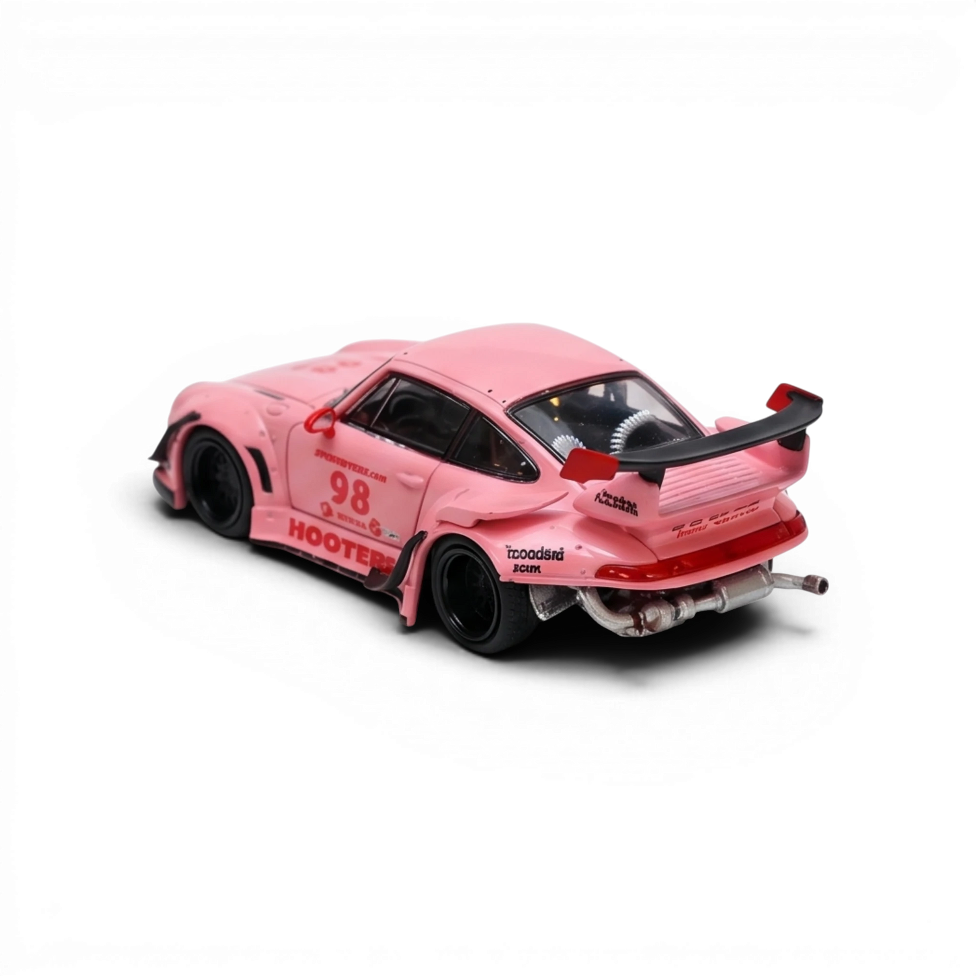 Lot57Supplies Diecast Shop pink RWB 993 1:64 scale diecast model car with racing decals and large rear spoiler.