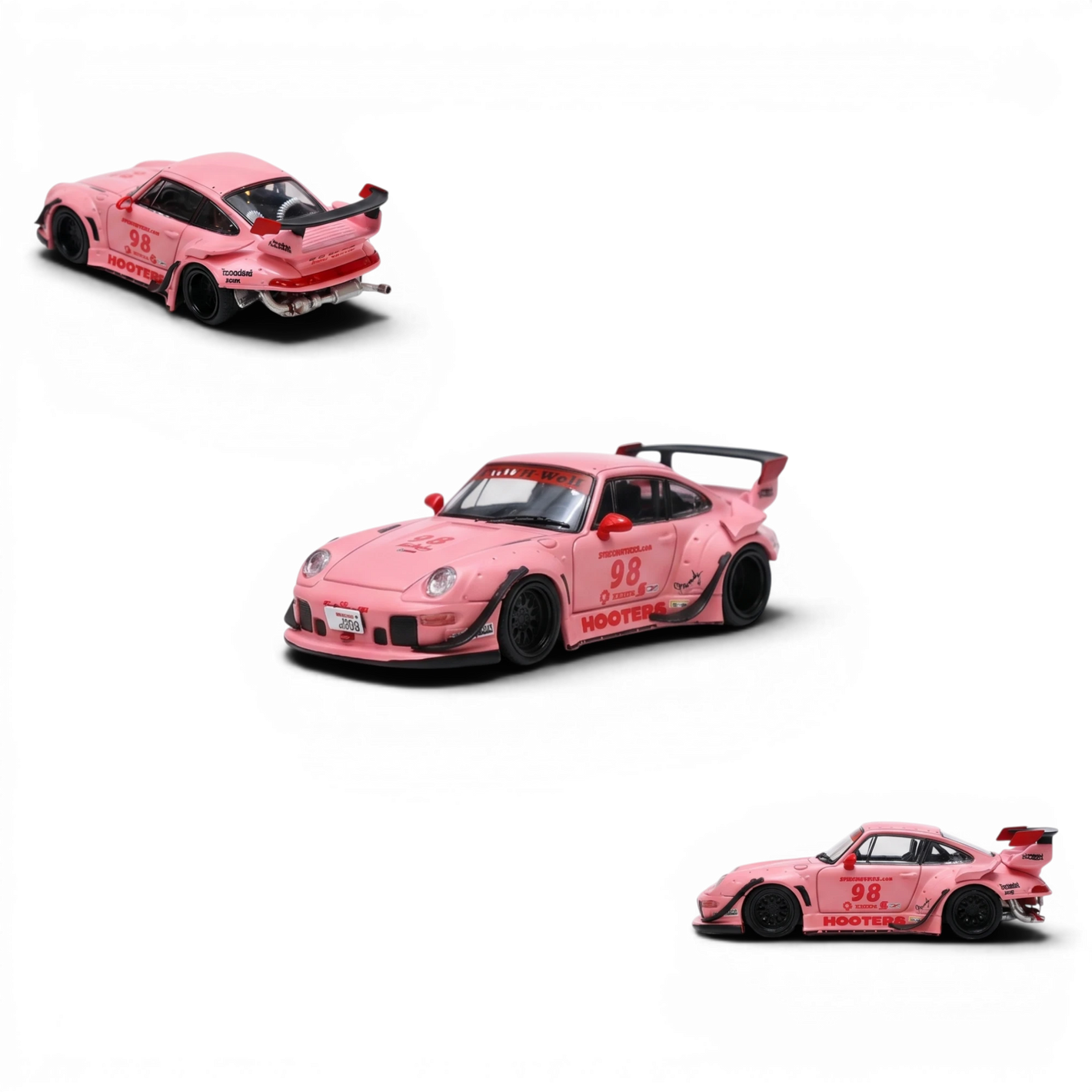 Lot57Supplies Diecast Shop pink RWB 993 1:64 scale diecast model car with "Hooters" livery and large rear spoiler.