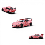 Lot57Supplies Diecast Shop pink RWB 993 1:64 scale diecast model car with "Hooters" livery and large rear spoiler.