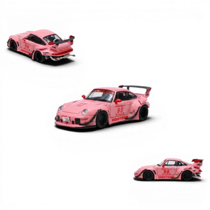 Lot57Supplies Diecast Shop pink RWB 993 1:64 scale diecast model car with "Hooters" livery and large rear spoiler.