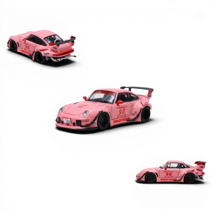 Lot57Supplies Diecast Shop pink RWB 993 1:64 scale diecast model car with "Hooters" livery and large rear spoiler.