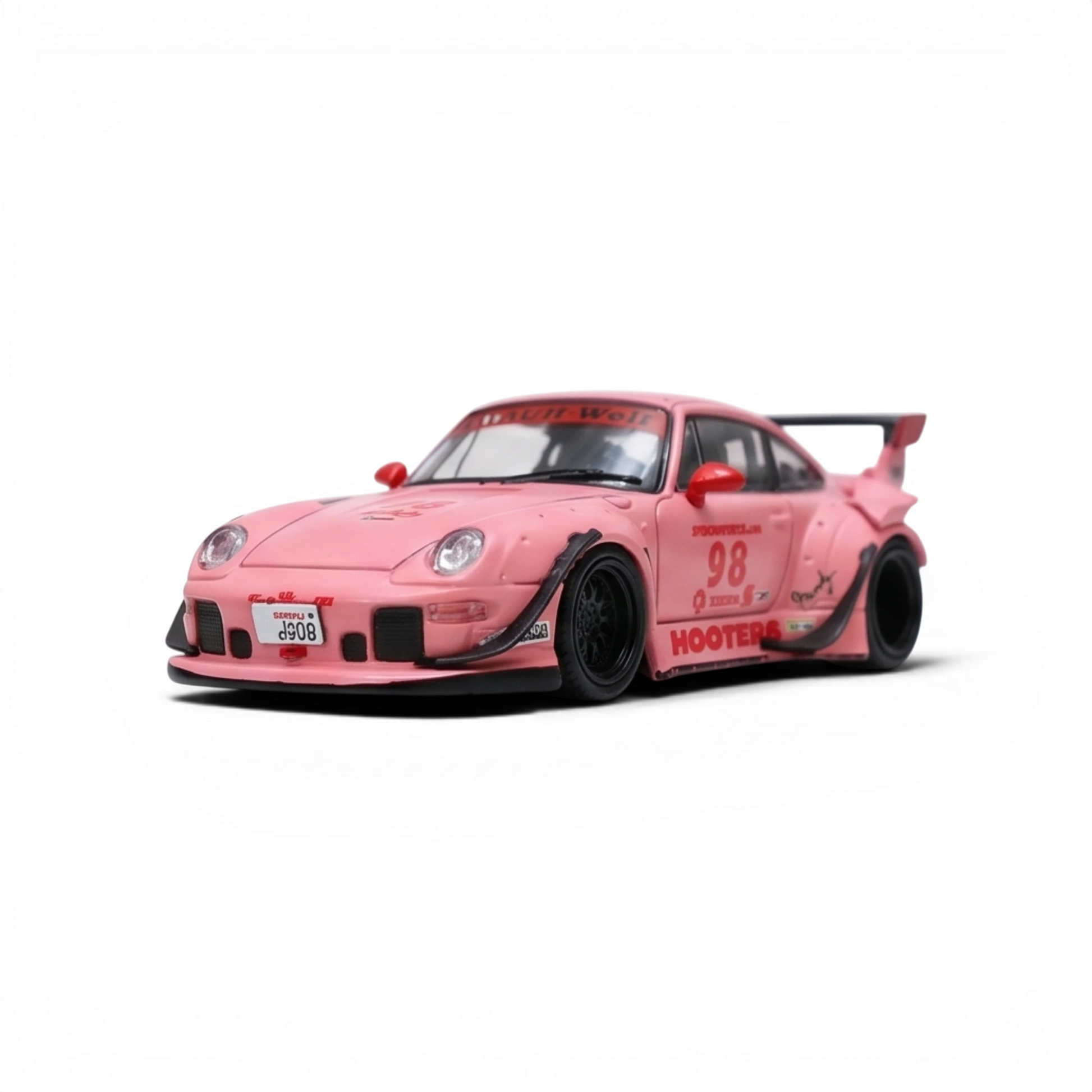 Lot57Supplies Diecast Shop pink RWB 993 1:64 scale model car with racing decals and a large rear spoiler.