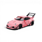 Lot57Supplies Diecast Shop pink RWB 993 1:64 scale model car with wide body kit and large rear wing.