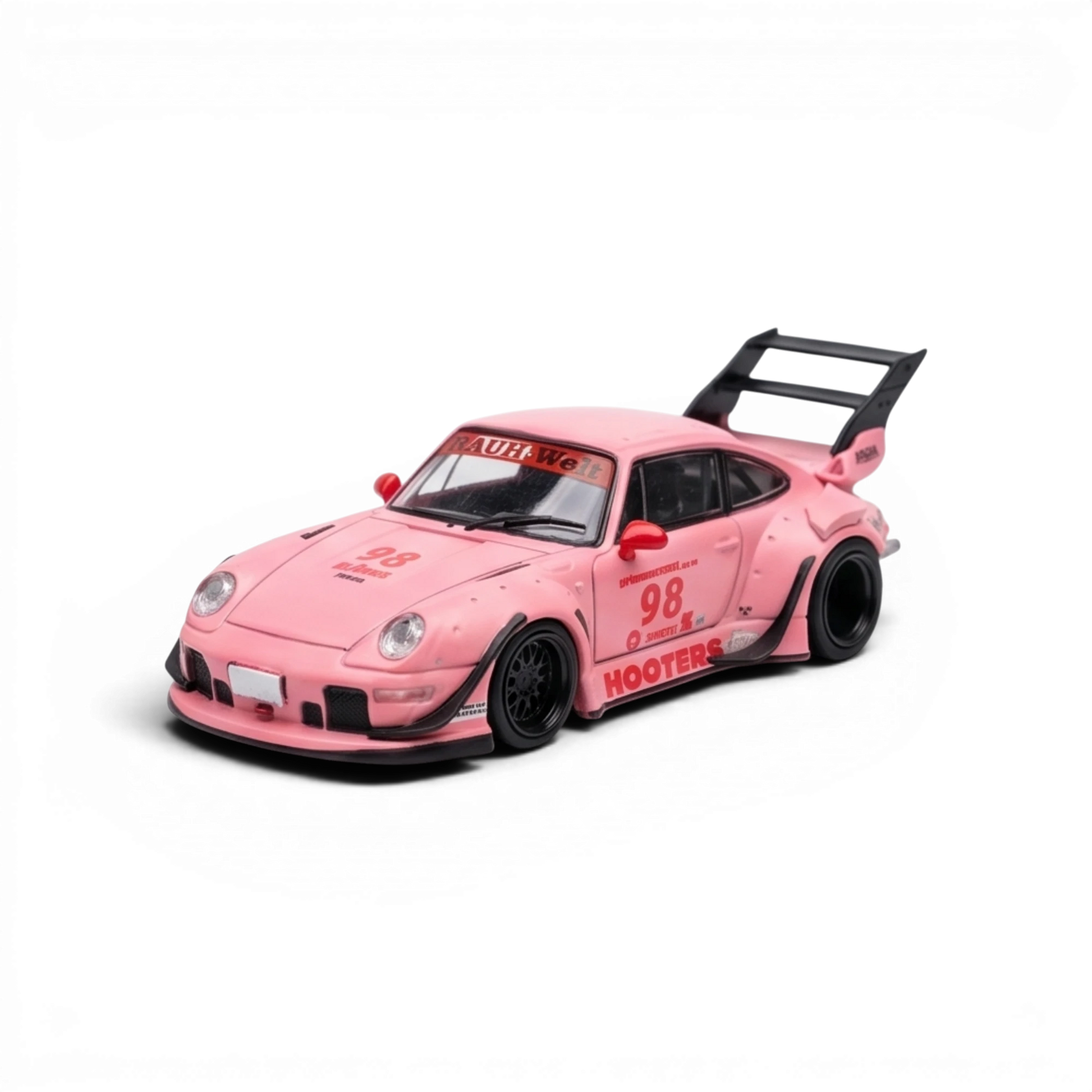 Lot57Supplies Diecast Shop pink RWB 993 1:64 scale model car with wide body kit and large rear wing.