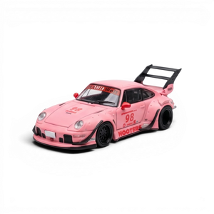 Lot57Supplies Diecast Shop pink RWB 993 1:64 scale model car with wide body kit and large rear wing.
