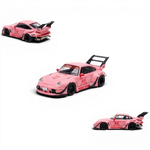 Lot57Supplies Diecast Shop pink RWB 993 1:64 scale model car with racing decals and large rear spoiler.