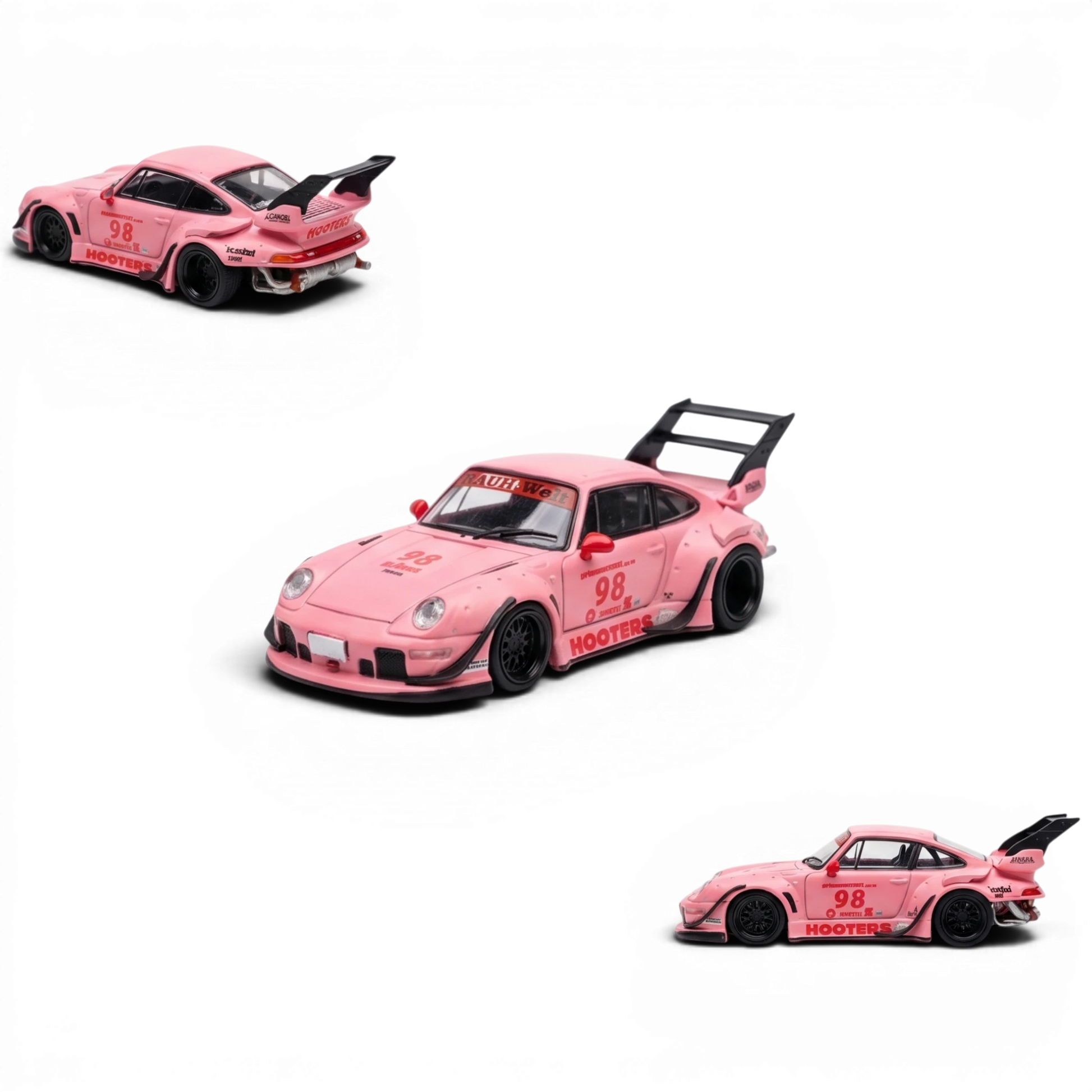 Lot57Supplies Diecast Shop pink RWB 993 1:64 scale model car with racing decals and large rear spoiler.