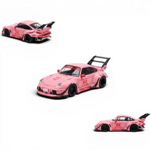 Lot57Supplies Diecast Shop pink RWB 993 1:64 scale model car with racing decals and large rear spoiler.