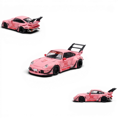Lot57Supplies Diecast Shop pink RWB 993 1:64 scale model car with racing decals and large rear spoiler.