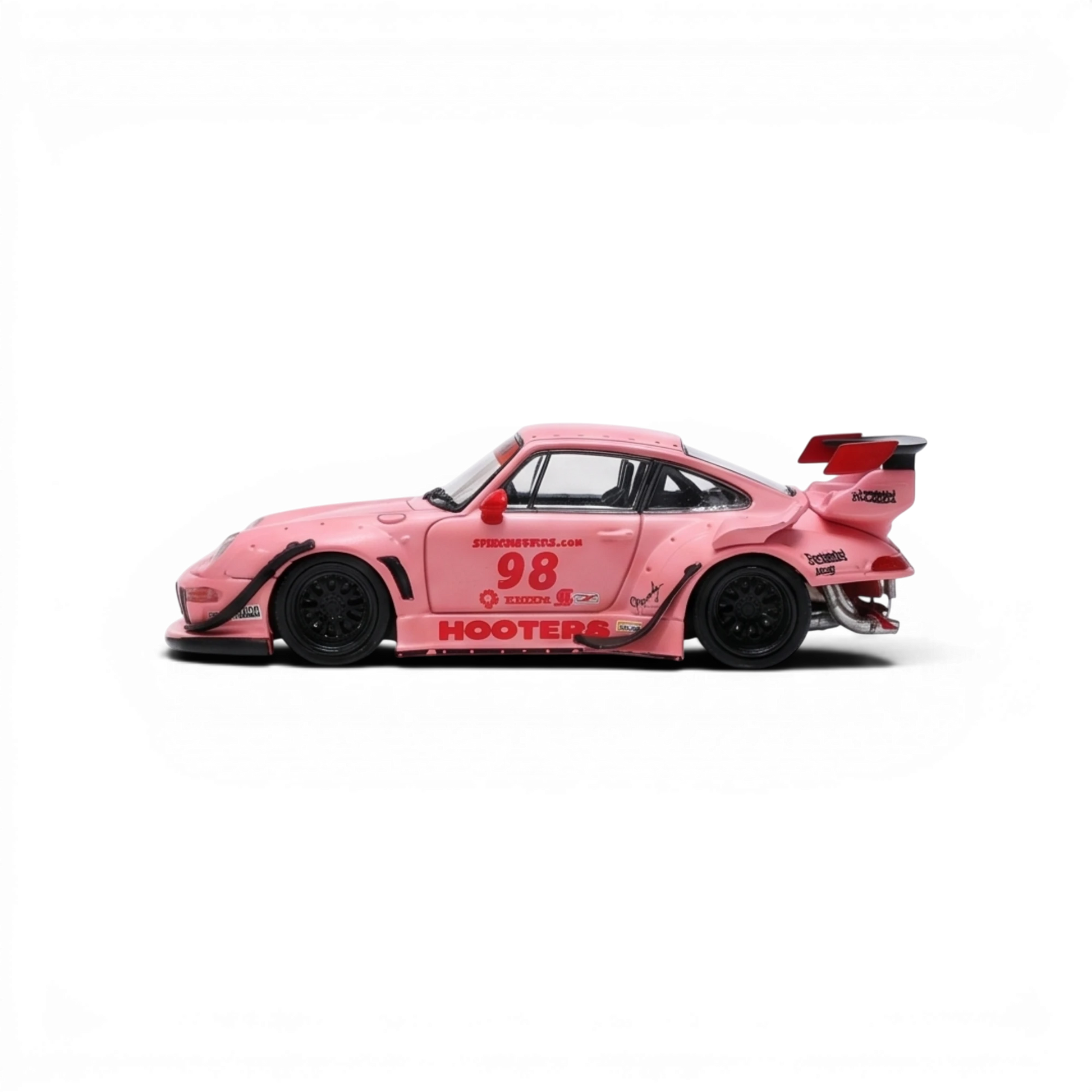 Lot57Supplies Diecast Shop pink RWB 993 1:64 scale model car with low tail spoiler and "HOOTERS" livery.