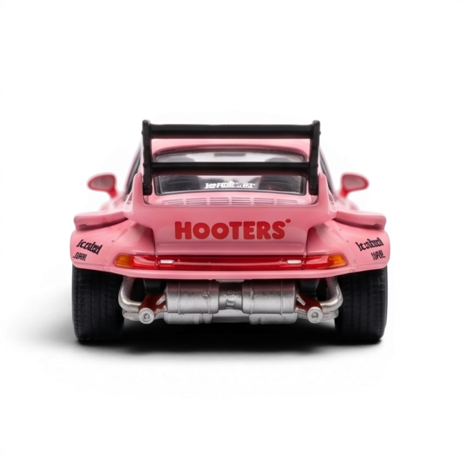 Lot57Supplies Diecast Shop Pink High Tail RWB 993 diecast model car with HOOTERS livery and large rear spoiler.