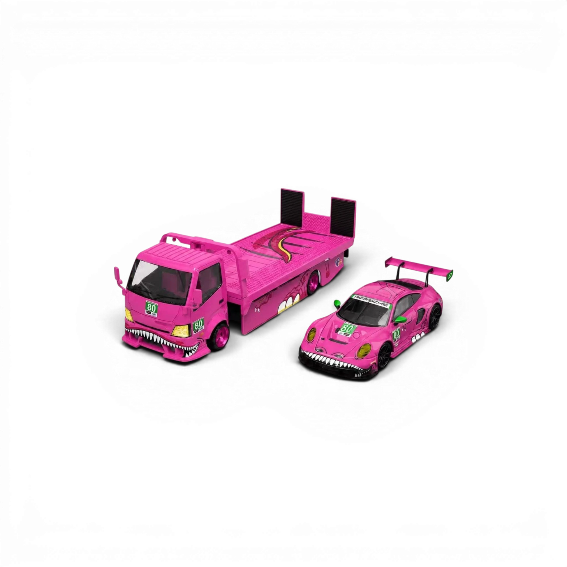Lot57Supplies Diecast Shop TL&SR 1:64 scale pink Tyrannosaurus diecast flatbed truck and Porsche race car set