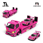 Lot57Supplies Diecast Shop TL&SR pink diecast Tyrannosaurus tow truck and Porsche sports car set in 1:64 scale