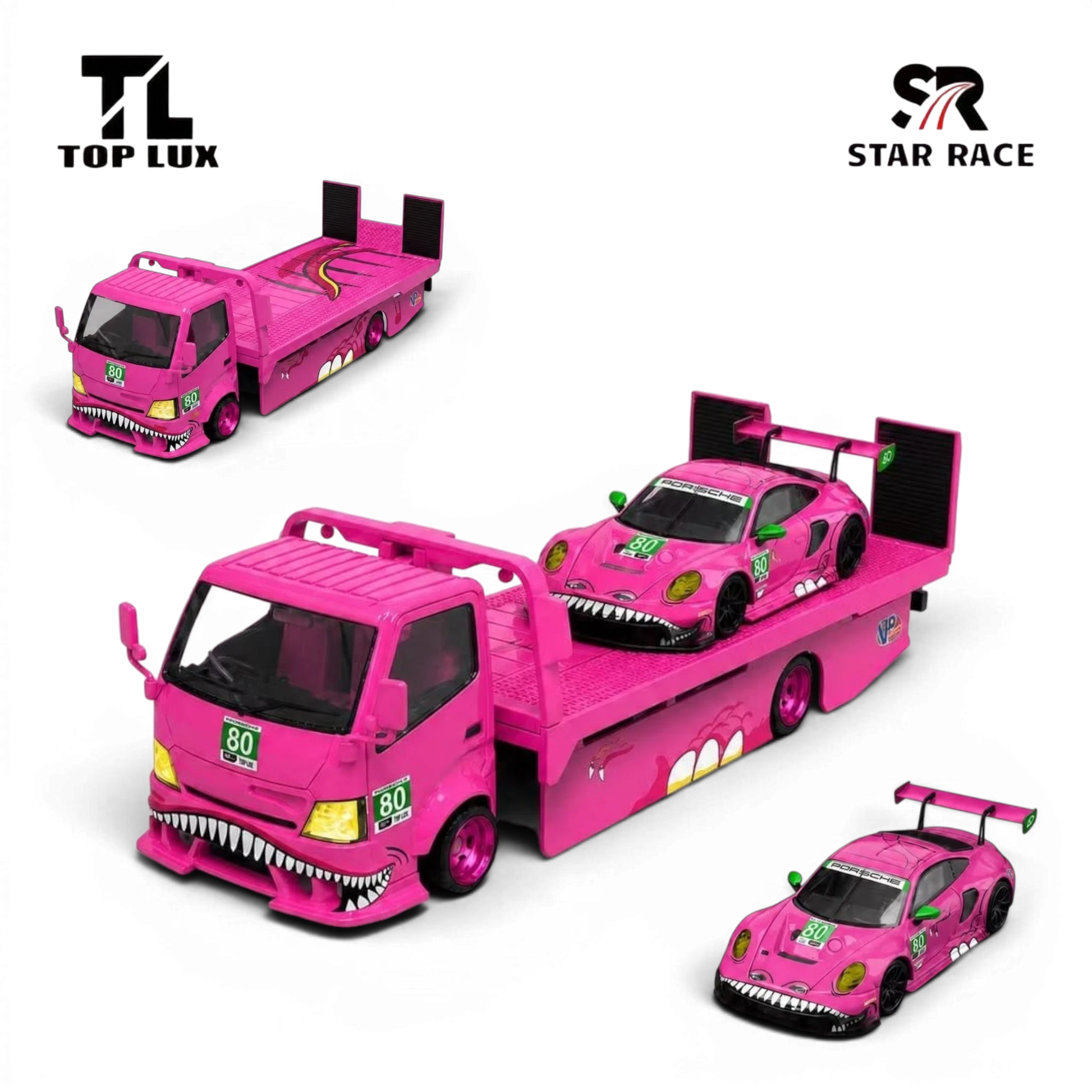 Lot57Supplies Diecast Shop TL&SR pink diecast Tyrannosaurus tow truck and Porsche sports car set in 1:64 scale