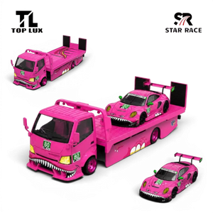 Lot57Supplies Diecast Shop TL&SR pink diecast Tyrannosaurus tow truck and Porsche sports car set in 1:64 scale