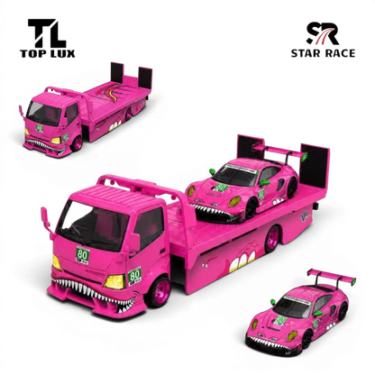 Lot57Supplies Diecast Shop TL&SR pink diecast Tyrannosaurus tow truck and Porsche sports car set in 1:64 scale