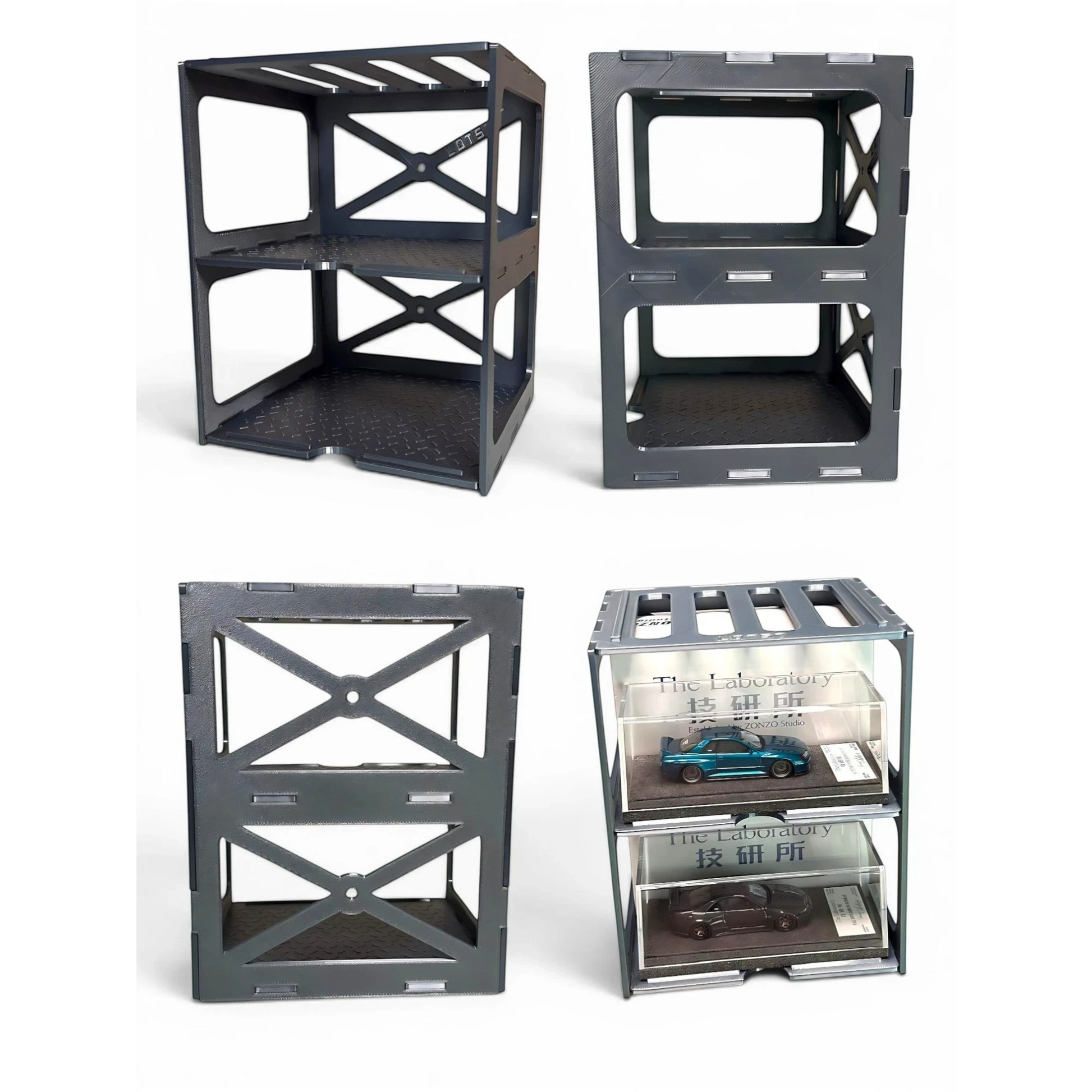 Lot57Supplies Diecast Shop modular gunmetal pit rack display stand for 1:64 scale diecast cars with diamond-plate shelves.