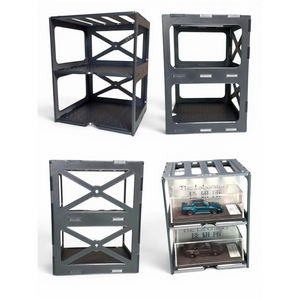 Lot57Supplies Diecast Shop modular gunmetal pit rack display stand for 1:64 scale diecast cars with diamond-plate shelves.