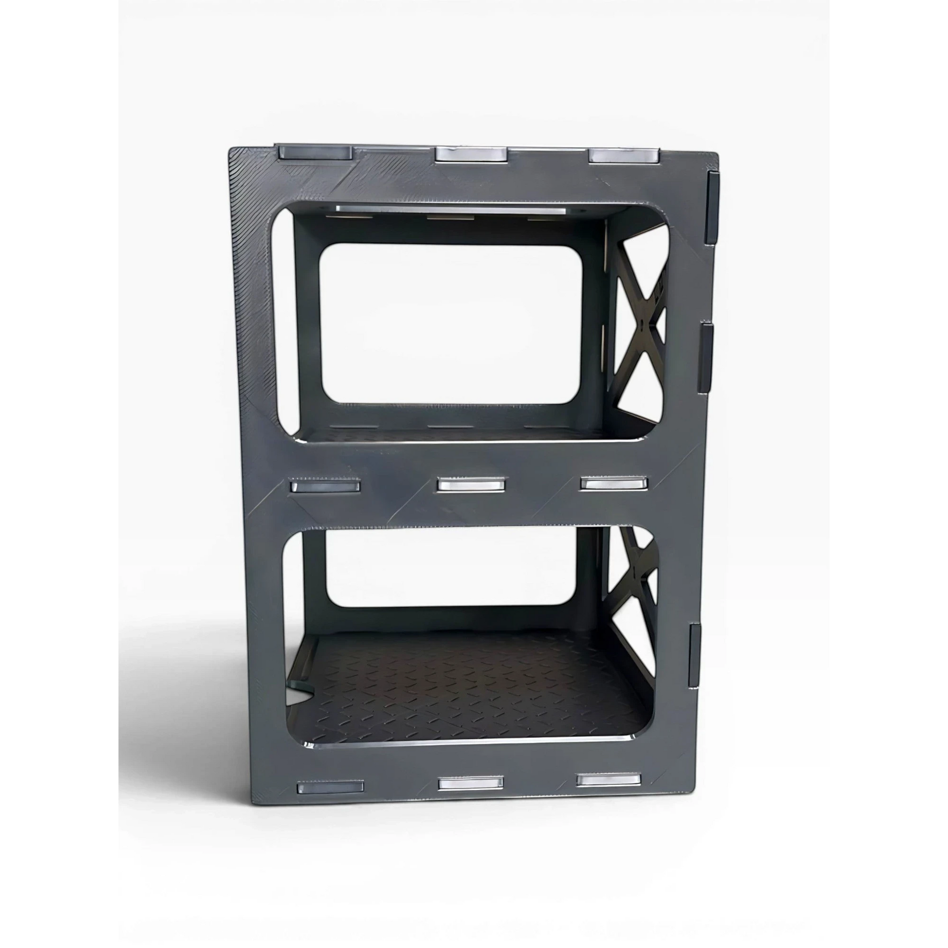 Lot57Supplies Diecast Shop modular gunmetal pit rack display stand for 1:64 scale diecast cars with diamond-plate base.
