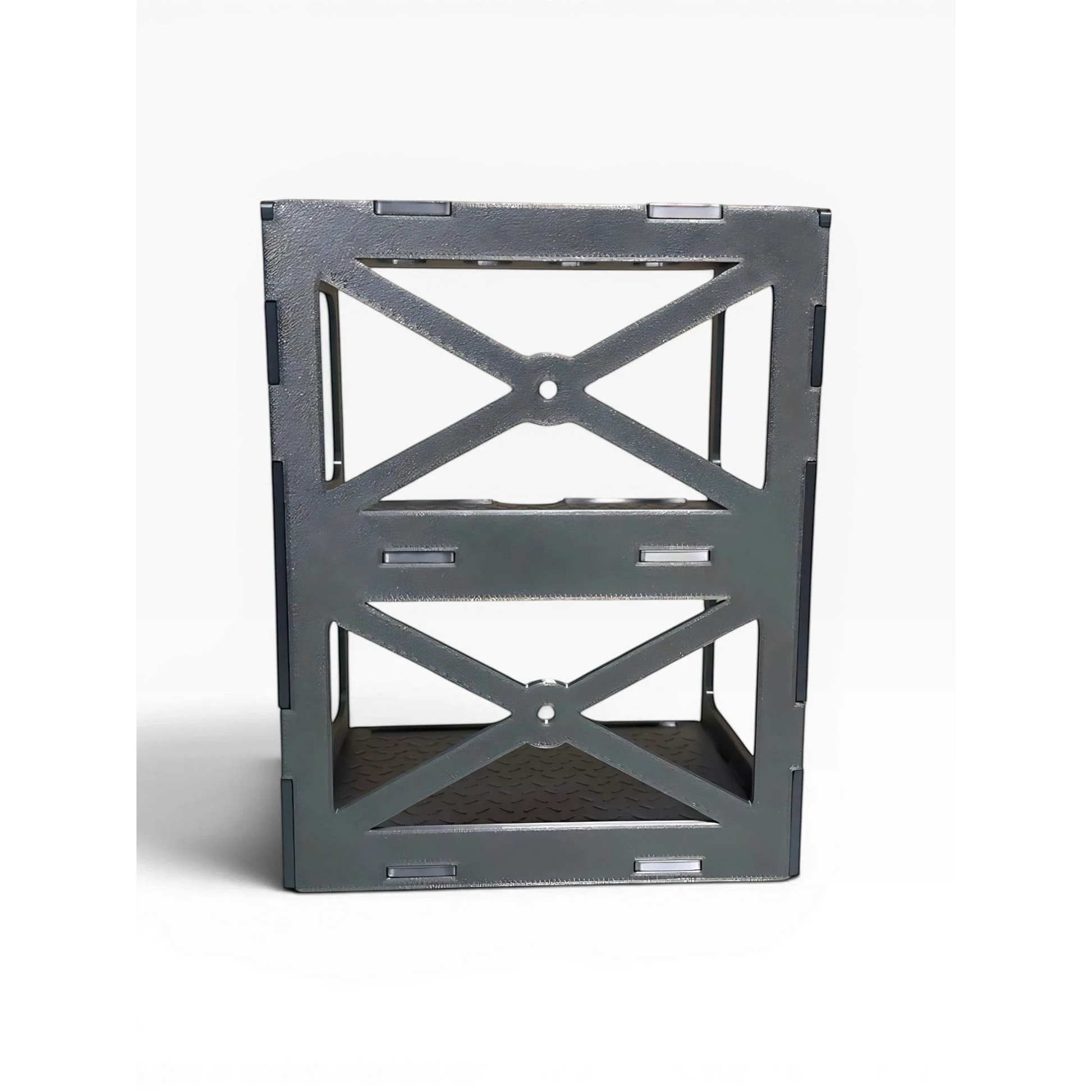 Lot57Supplies Diecast Shop gunmetal grey modular pit rack display stand with industrial diamond-plate shelves